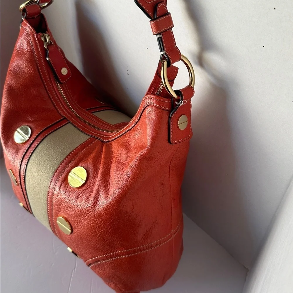 🔥 Milly Orange Coral Leather Carryall Hobo Shoulder Bag Gold Studs Suede Accent